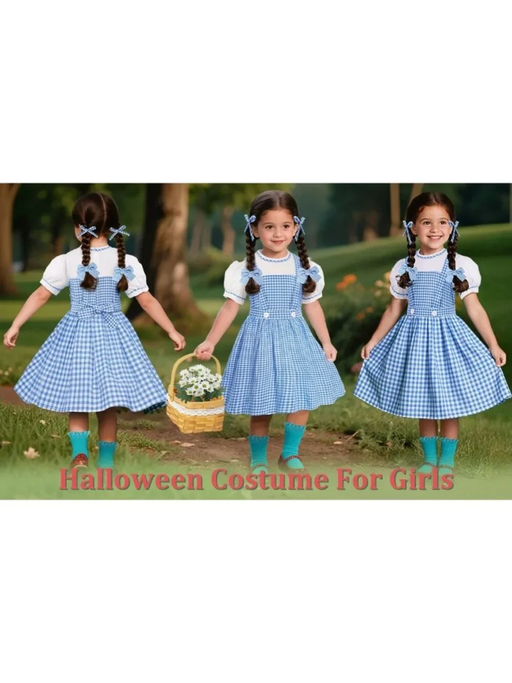 Girls（10-12 Years) Oz Blue Plaid Dress Set Halloween Costume Kids Cosplay